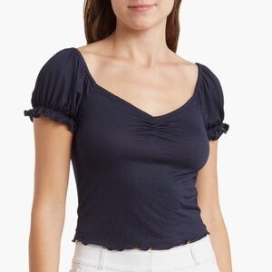 Abound Cinch Front Crinkle Puff Sleeve V Neck Blouse, Navy Blue, Sz XL